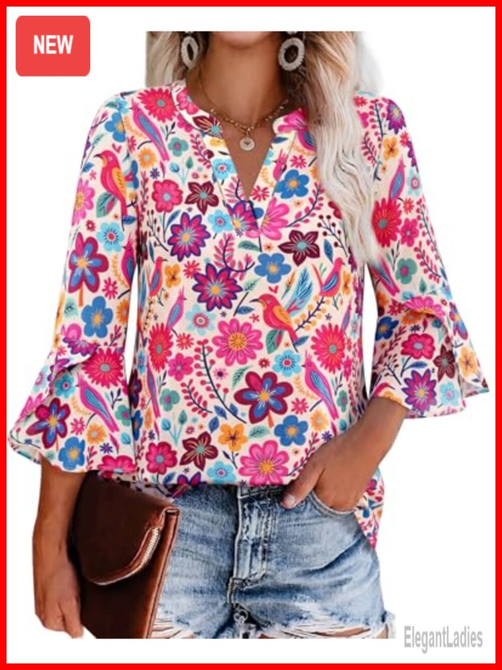 Women's Chiffon Tunic Blouse 3/4 Ruffle Sleeve V-Neck Work Top